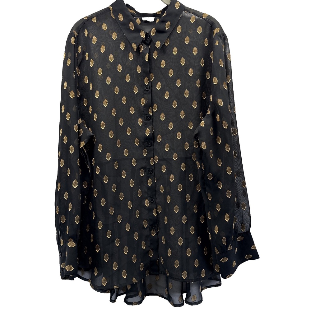 Chicos Women's To Blouse Size XL Black Gold Metallic Sheer Long Sleeve Peplum